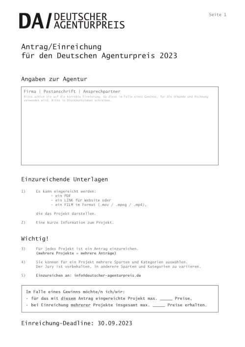 Antrag Deutscher Agenturpreis 2023
