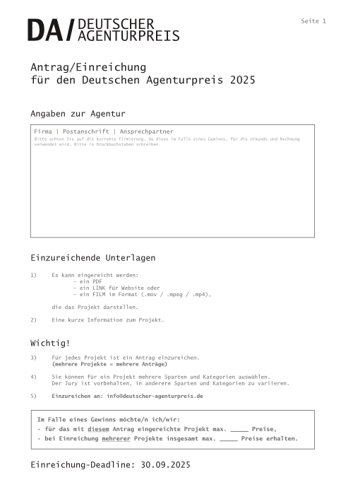 DEUTSCHER AGENTURPREIS 2024 - Teilnahmeantrag